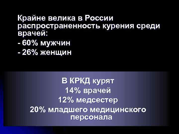 Крайне велика в России распространенность курения среди врачей: - 60% мужчин - 26% женщин