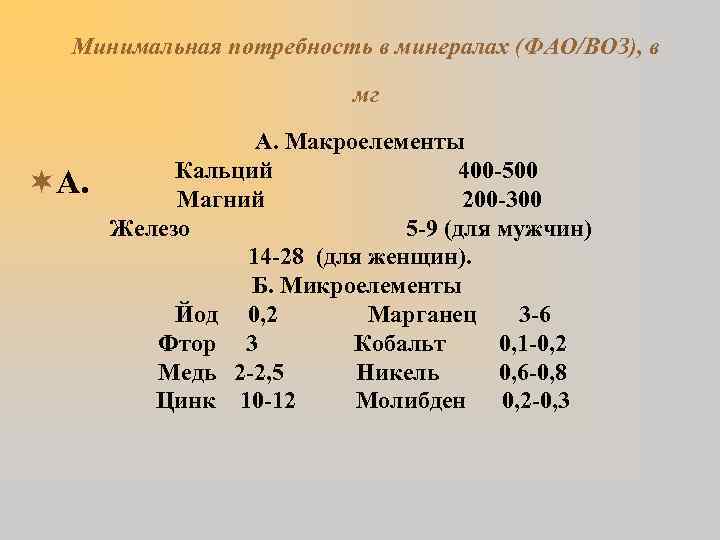 Минимальная потребность в минералах (ФАО/ВОЗ), в мг ¬А. А. Макроелементы Кальций 400 -500 Магний