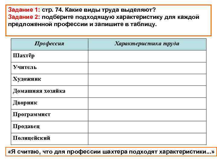Задание 1: стр. 74. Какие виды труда выделяют? Задание 2: подберите подходящую характеристику для