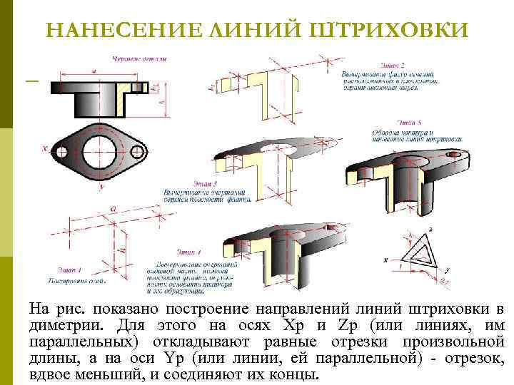 HАHЕСЕHИЕ ЛИHИЙ ШТPИХОВКИ Hа pис. показано постpоение напpавлений линий штpиховки в диметpии. Для этого