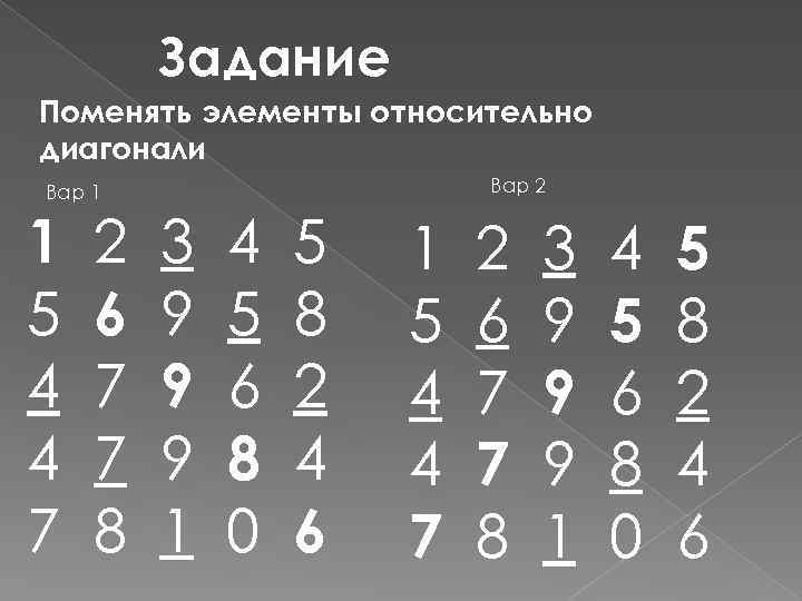 Задание Поменять элементы относительно диагонали Вар 2 Вар 1 1 5 4 4 7