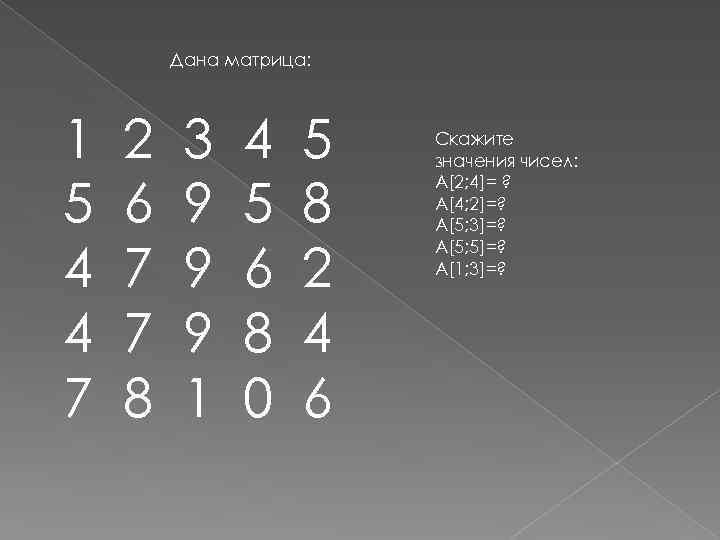 Дана матрица: 1 5 4 4 7 2 6 7 7 8 3 9