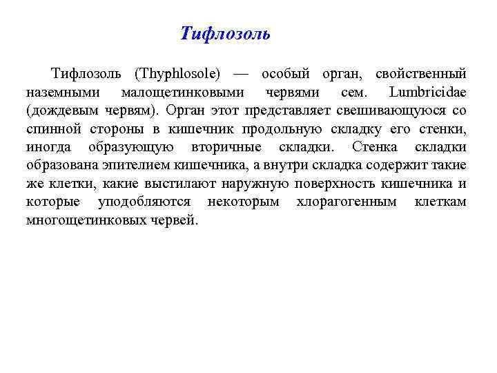 Тифлозоль (Thyphlosole) — особый орган, свойственный наземными малощетинковыми червями сем. Lumbricidae (дождевым червям). Орган