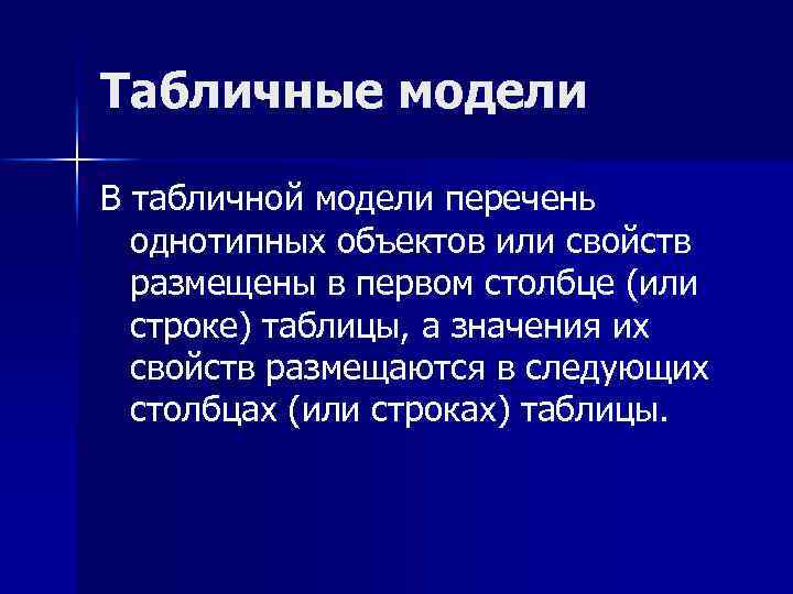 Табличные модели В табличной модели перечень однотипных объектов или свойств размещены в первом столбце