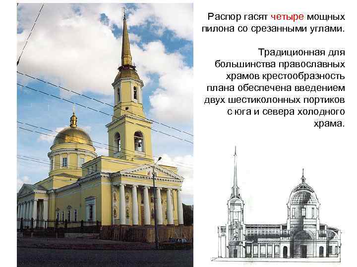 Распор гасят четыре мощных пилона со срезанными углами. Традиционная для большинства православных храмов крестообразность