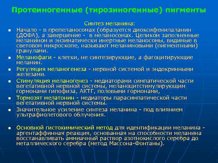 Протеиногенные (тирозиногенные) пигменты n n n n Синтез меланина: Начало в препеланосомах (образуется диоксифенилаланин