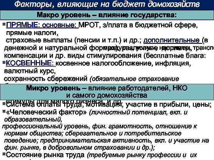 Факторы, влияющие на бюджет домохозяйств Макро уровень – влияние государства: §ПРЯМЫЕ: основные: МРОТ, з/плата