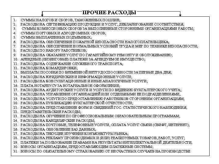 ПРОЧИЕ РАСХОДЫ 1. СУММЫ НАЛОГОВ И СБОРОВ, ТАМОЖЕННЫХ ПОШЛИН; 2. РАСХОДЫ НА СЕРТИФИКАЦИЮ ПРОДУКЦИИ
