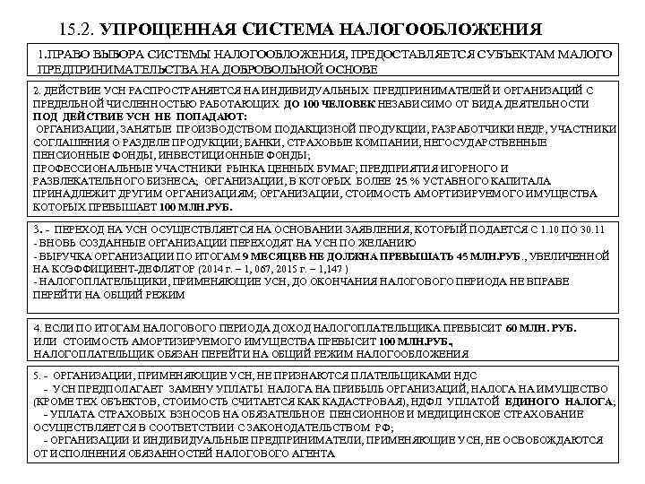 15. 2. УПРОЩЕННАЯ СИСТЕМА НАЛОГООБЛОЖЕНИЯ 1. ПРАВО ВЫБОРА СИСТЕМЫ НАЛОГООБЛОЖЕНИЯ, ПРЕДОСТАВЛЯЕТСЯ СУБЪЕКТАМ МАЛОГО ПРЕДПРИНИМАТЕЛЬСТВА