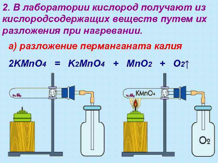 2. В лаборатории кислород получают из кислородсодержащих веществ путем их разложения при нагревании. а)
