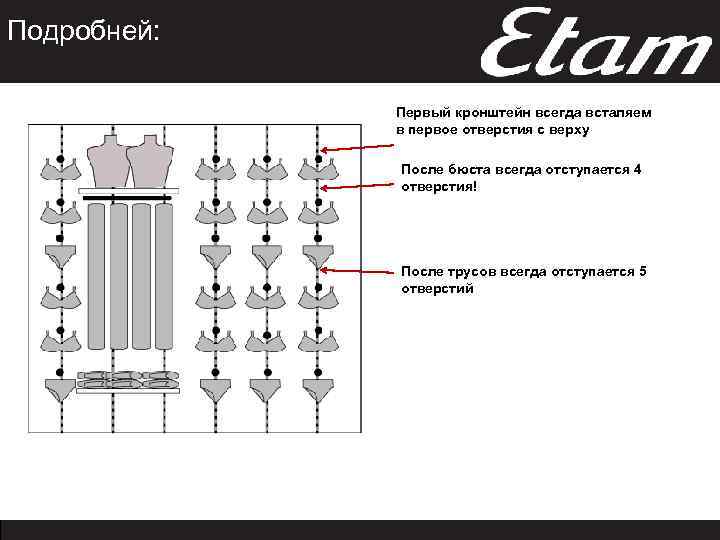 Подробней: Первый кронштейн всегда всталяем в первое отверстия с верху После бюста всегда отступается