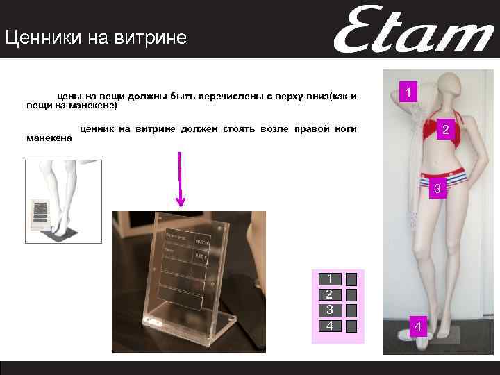 Ценники на витрине цены на вещи должны быть перечислены с верху вниз(как и вещи