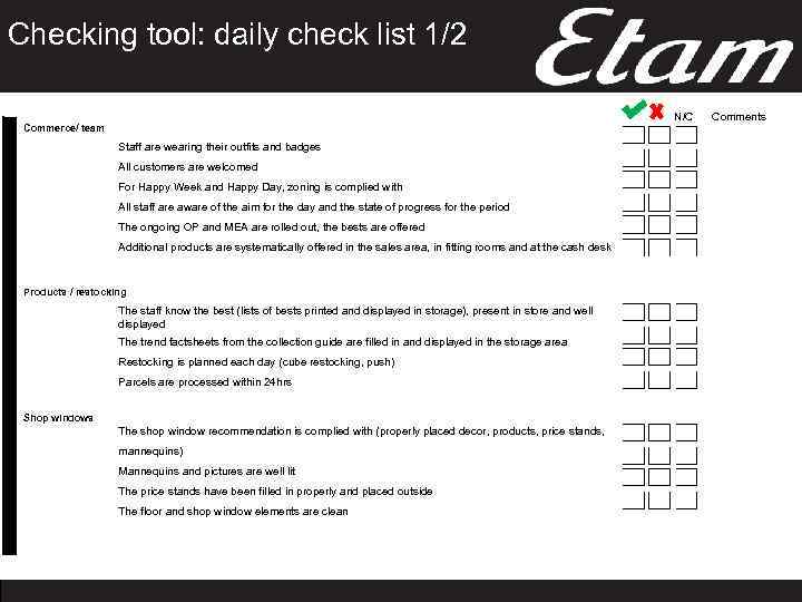 Checking tool: daily check list 1/2 N/C Commerce/ team Staff are wearing their outfits
