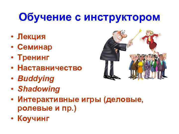 Обучение с инструктором • • Лекция Семинар Тренинг Наставничество Buddying Shadowing Интерактивные игры (деловые,
