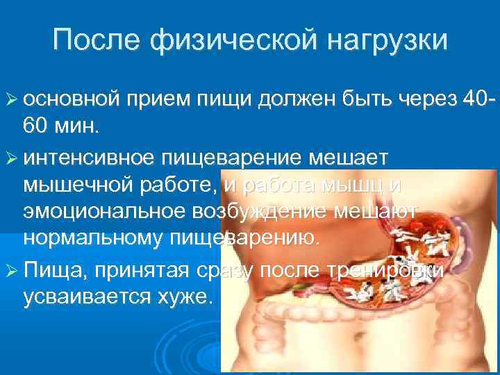 После физической нагрузки основной прием пищи должен быть через 40 - 60 мин. интенсивное