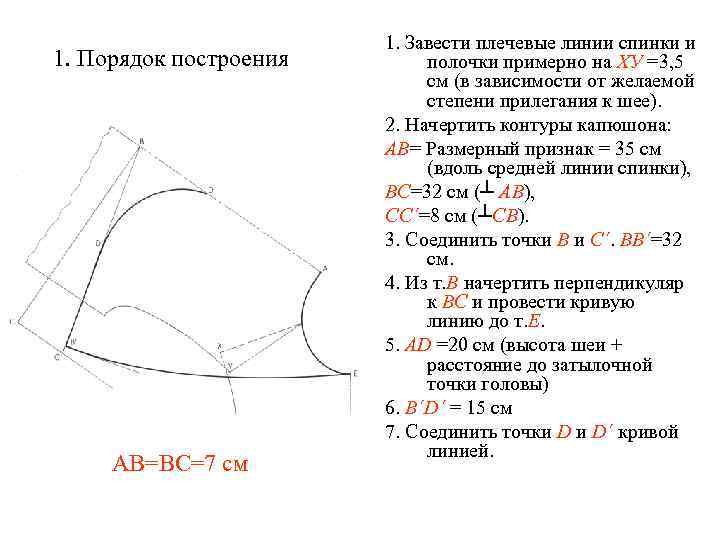 1. Порядок построения АВ=ВС=7 см 1. Завести плечевые линии спинки и полочки примерно на