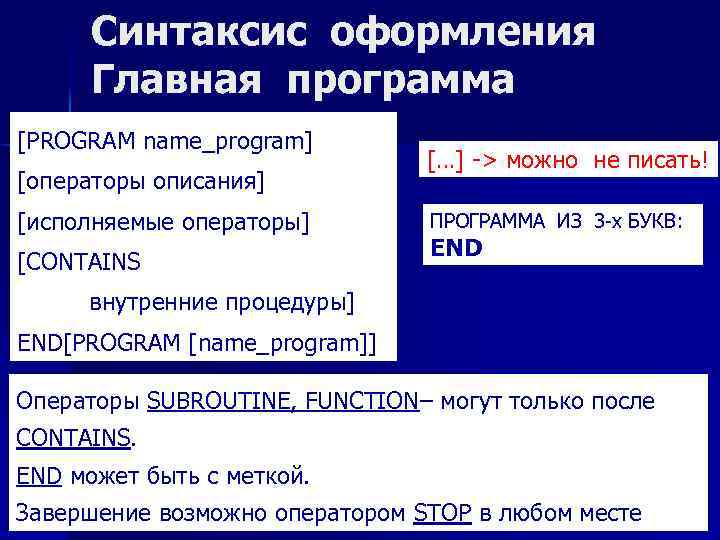 Синтаксис оформления Главная программа [PROGRAM name_program] [операторы описания] [исполняемые операторы] [CONTAINS […] -> можно