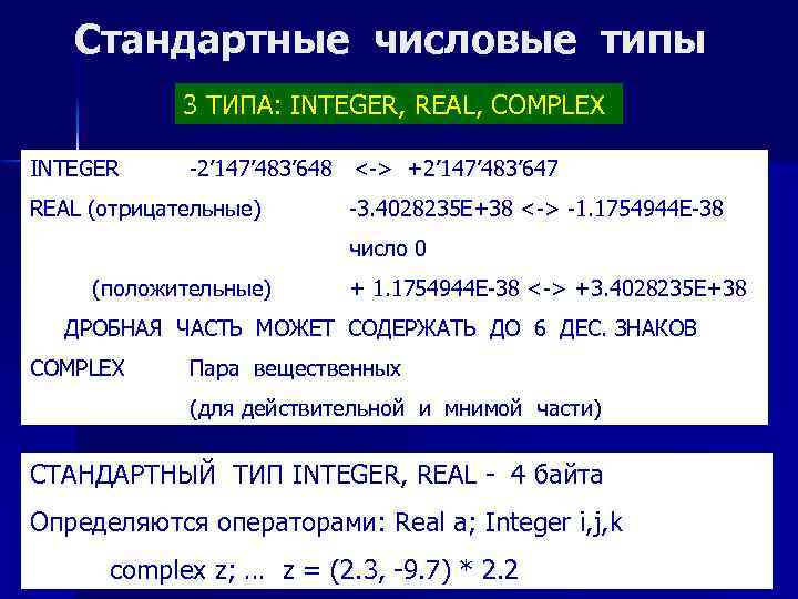 Стандартные числовые типы 3 ТИПА: INTEGER, REAL, COMPLEX INTEGER -2’ 147’ 483’ 648 <->