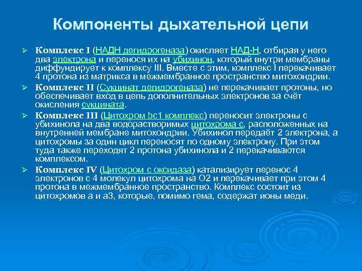 Компоненты дыхательной цепи Ø Ø Комплекс I (НАДН дегидрогеназа) окисляет НАД-Н, отбирая у него