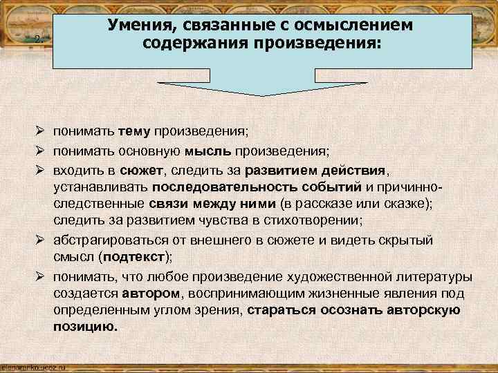 2. Умения, связанные с осмыслением содержания произведения: Ø понимать тему произведения; Ø понимать основную