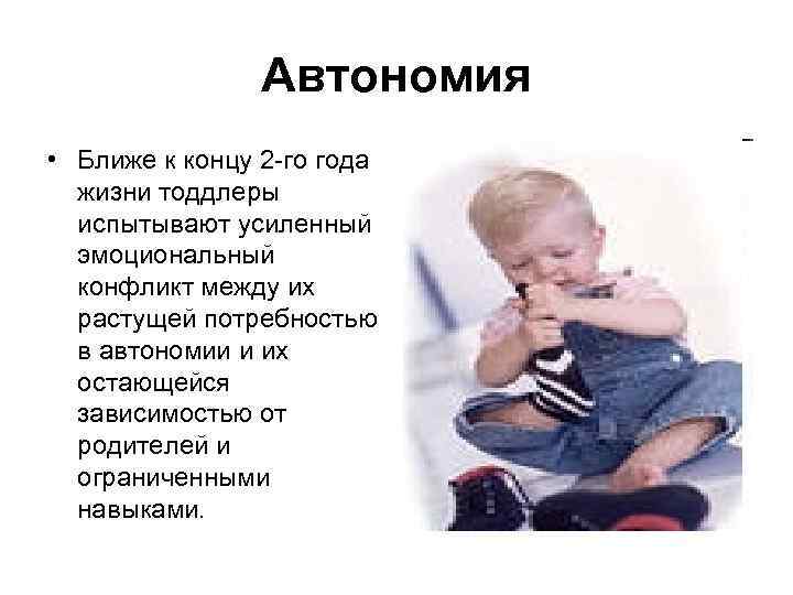 Автономия • Ближе к концу 2 го года жизни тоддлеры испытывают усиленный эмоциональный конфликт