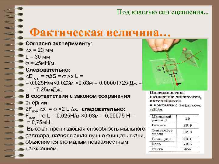 Под властью сил сцепления. . . Фактическая величина… Согласно эксперименту: ∆x = 23 мм
