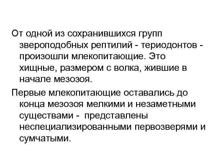 От одной из сохранившихся групп звероподобных рептилий - териодонтов произошли млекопитающие. Это хищные, размером