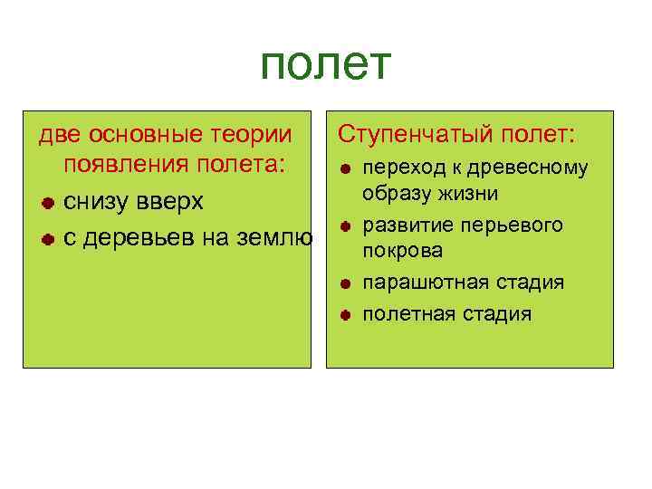 полет две основные теории Ступенчатый полет: появления полета: переход к древесному образу жизни снизу