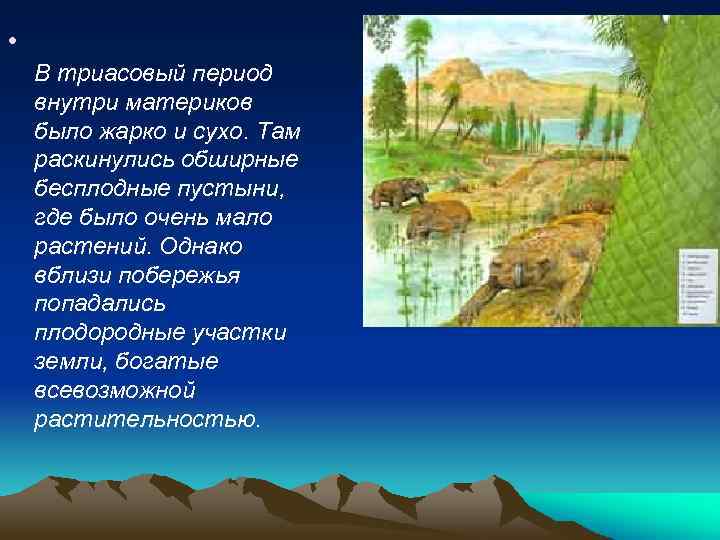  • В триасовый период внутри материков было жарко и сухо. Там раскинулись обширные