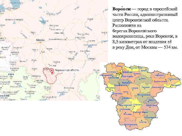 • Воро неж — город в европейской части России, административный центр Воронежской области.