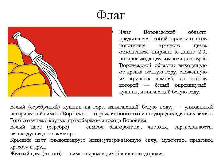 Флаг • Флаг Воронежской области представляет собой прямоугольное полотнище красного цвета отношением ширины к
