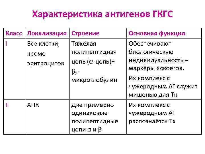 Характеристика антигенов ГКГС Класс Локализация Строение I Все клетки, Тяжёлая полипептидная кроме эритроцитов цепь