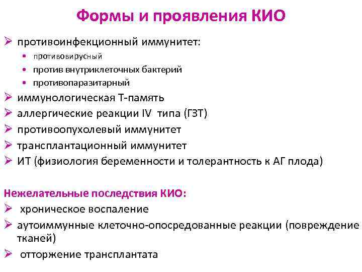 Формы и проявления КИО Ø противоинфекционный иммунитет: • противовирусный • против внутриклеточных бактерий •
