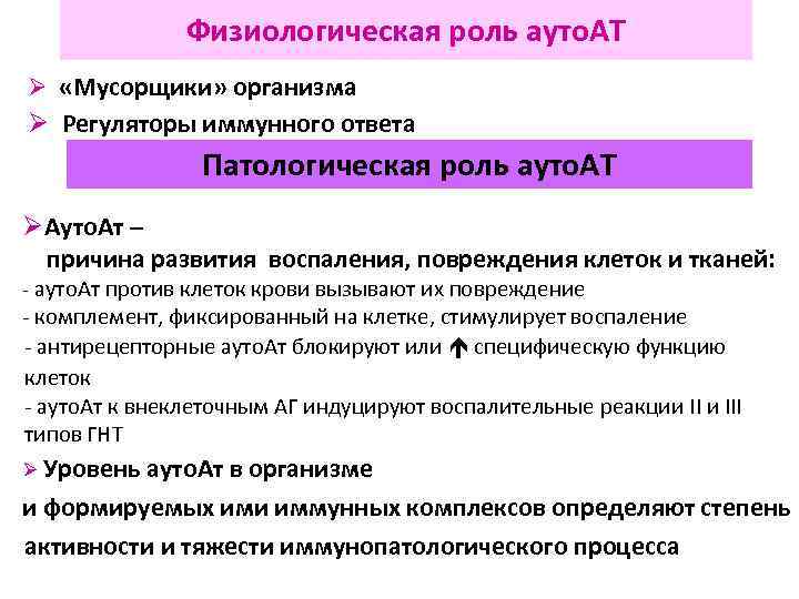 Физиологическая роль ауто. АТ Ø «Мусорщики» организма Ø Регуляторы иммунного ответа Патологическая роль ауто.