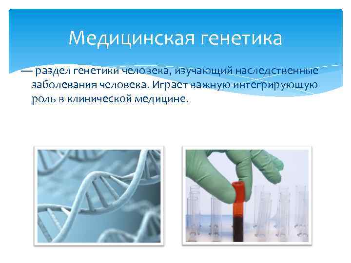 Медицинская генетика — раздел генетики человека, изучающий наследственные заболевания человека. Играет важную интегрирующую роль