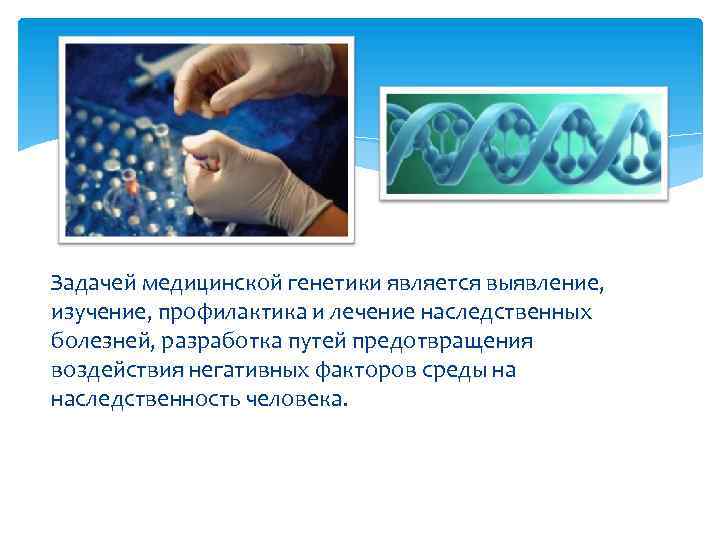  Задачей медицинской генетики является выявление, изучение, профилактика и лечение наследственных болезней, разработка путей