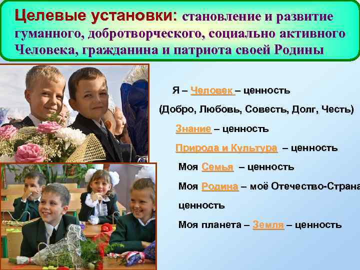 Целевые установки: становление и развитие гуманного, добротворческого, социально активного Человека, гражданина и патриота своей