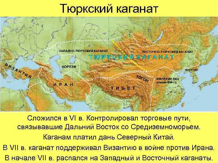 Тюркский каганат Сложился в VI в. Контролировал торговые пути, связывавшие Дальний Восток со Средиземноморьем.