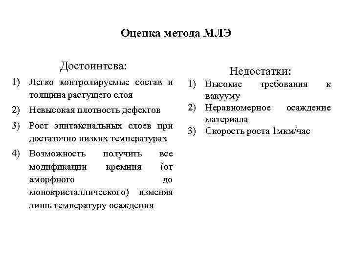 Оценка метода МЛЭ Достоинтсва: 1) Легко контролируемые состав и толщина растущего слоя 2) Невысокая