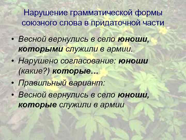 Нарушение грамматической формы союзного слова в придаточной части • Весной вернулись в село юноши,