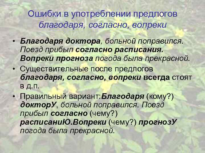 Ошибки в употреблении предлогов благодаря, согласно, вопреки • Благодаря доктора, больной поправился. Поезд прибыл