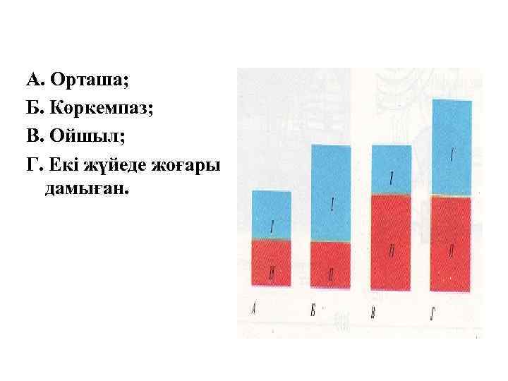 А. Орташа; Б. Көркемпаз; В. Ойшыл; Г. Екі жүйеде жоғары дамыған. 