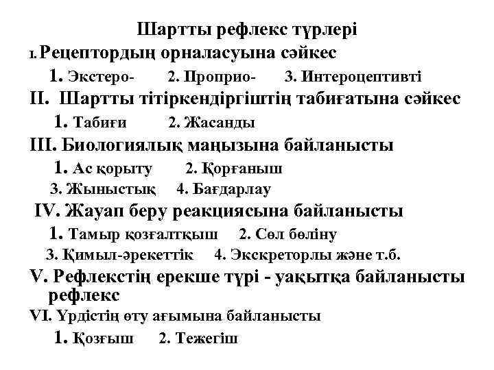 Шартты рефлекс түрлері І. Рецептордың орналасуына сәйкес 1. Экстеро 2. Проприо 3. Интероцептивті ІІ.