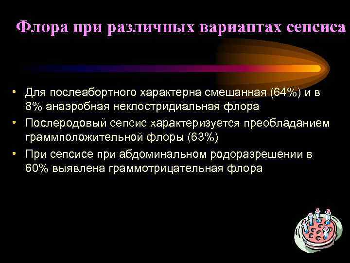 Флора при различных вариантах сепсиса • Для послеабортного характерна смешанная (64%) и в 8%