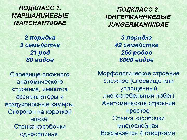 ПОДКЛАСС 1. МАРШАНЦИЕВЫЕ MARCHANTIIDAE ПОДКЛАСС 2. ЮНГЕРМАННИЕВЫЕ JUNGERMANNIIDAE 2 порядка 3 семейства 21 род