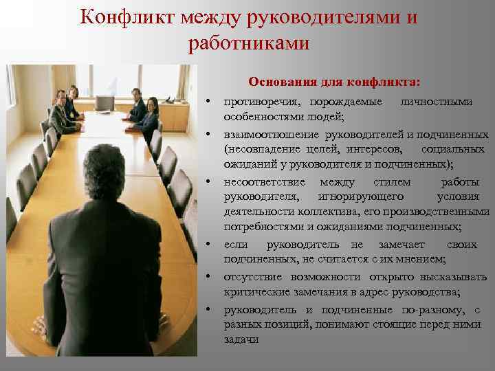 Конфликт между руководителями и работниками Основания для конфликта: • • • противоречия, порождаемые личностными