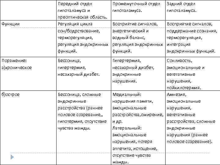 Передний отдел гипоталамуса и преоптическая область. Регуляция цикла сон/бодрствование, терморегуляция, регуляция эндокринных функций. Промежуточный