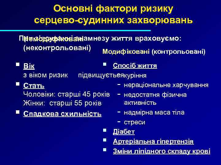 Основні фактори ризику серцево-судинних захворювань При з’ясуванні анамнезу життя враховуємо: Немодифіковані (неконтрольовані) Модифіковані (контрольовані)