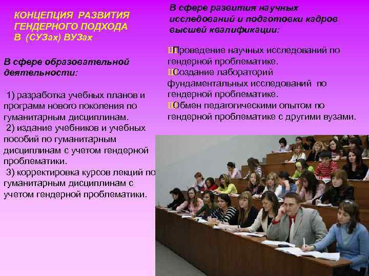 КОНЦЕПЦИЯ РАЗВИТИЯ ГЕНДЕРНОГО ПОДХОДА В (СУЗах) ВУЗах В сфере образовательной деятельности: 1) разработка учебных