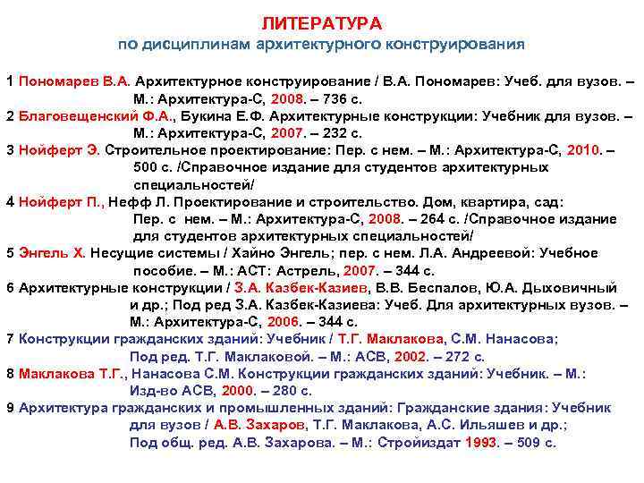 ЛИТЕРАТУРА по дисциплинам архитектурного конструирования 1 Пономарев В. А. Архитектурное конструирование / В. А.